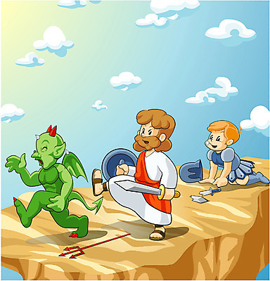 EPS 주간 구름 남자 기독교 종교 창 어린이 일러스트 하늘 사람 소년 야외 두명 예수 칼 헬멧 악마 싸움 방패 갑옷 사단 남자만 소년만 국내일러스트 자연요소 무기 모션 신_종교 보호장비 어린이만 파일형식 벡터