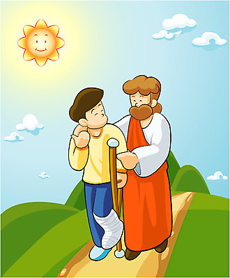 EPS 주간 남자 기독교 종교 어린이 일러스트 함께함 사람 소년 야외 두명 태양 환자 예수 언덕 목발 부축 남자만 소년만 국내일러스트 자연요소 컨셉 의학 의료기기 신_종교 어린이만 파일형식 벡터