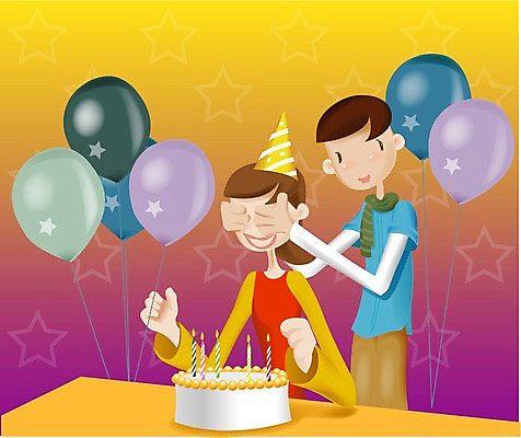 EPS 커플 여자 남자 일러스트 기념 선물 사람 이벤트 두명 파티 케이크 고깔모자 축하 축 눈가림 생일 잔치 깜짝 국내일러스트 모자_잡화 기념일 컨셉 관계 디저트 가림 파일형식 벡터