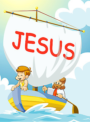 EPS 주간 남자 기독교 종교 어린이 일러스트 하늘 항해 사람 소년 야외 두명 예수 돛단배 돗단배 선박 남자만 소년만 국내일러스트 자연요소 수상교통 배_교통 신_종교 어린이만 파일형식 벡터