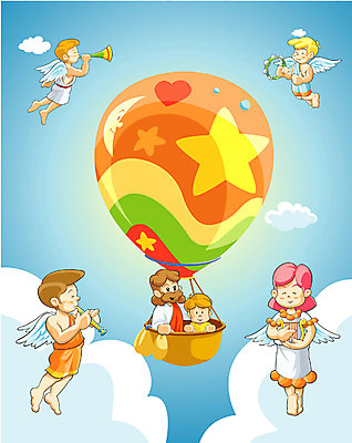 EPS 주간 여자 남자 기독교 종교 어린이 음악 일러스트 하늘 천사 사람 소녀 소년 여러명 야외 기구 열기구 예수 국내일러스트 자연요소 다수 항공교통 문화예술 신_종교 파일형식 벡터