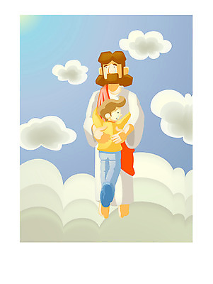 EPS 주간 구름 남자 기독교 종교 어린이 일러스트 포옹 하늘 사랑 사람 소년 성인 야외 두명 예수 위로 남자만 국내일러스트 자연요소 감정 안기 신_종교 파일형식 벡터