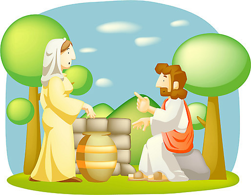 EPS 주간 나무 여자 남자 기독교 종교 일러스트 사람 성인 야외 두명 항아리 예수 설교 우물 사마리아 사마리아인 성인만 국내일러스트 자연요소 식물 도자기 신_종교 파일형식 벡터