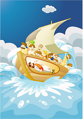 EPS 여자 남자 기독교 종교 파도 바다 일러스트 사람 성인 야외 두명 예수 제자들 풍랑 선박 성인만 국내일러스트 수상교통 신_종교 파일형식 벡터