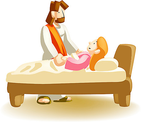 EPS 여자 남자 기독교 종교 어린이 일러스트 사람 소녀 소년 성인 두명 침대 예수 구출 기적 달리다굼 국내일러스트 가구 도움 신_종교 파일형식 벡터