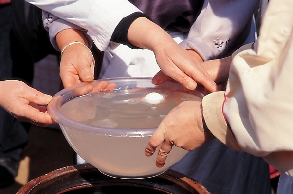 포토 JPG 주간 한국문화 한국전통 그릇 손 여자 한식 식재료 한국 사람 야외 신체부위 세명 물 요리중 바가지 동치미 소금물 국내포토 자연요소 동양문화 전통 식기 아시아 음식 모션 김치 파일형식