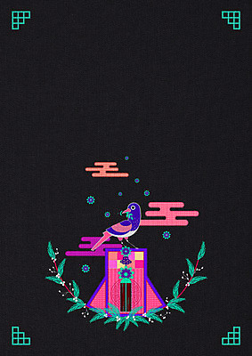 PSD 편집이미지 한마리 카드템플릿 조류 근하신년 새해 복주머니 사람없음 연하장 엽서 자수 이미지편집 카드프레임 동물 템플릿 1 카드_감사 프레임 전통소품 편지 파일형식