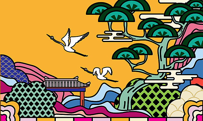 편집이미지 두마리 카드템플릿 근하신년 새해 기와 사람없음 학 소나무 연하장 엽서 이미지편집 AI파일 카드프레임 나무 템플릿 2 조류 카드_감사 프레임 편지 파일형식 벡터