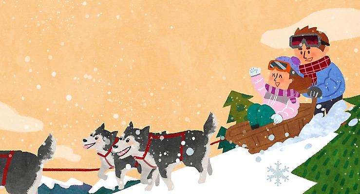 PSD 나무 구름 커플 여자 남자 겨울 일러스트 하늘 상반신 성인 두명 레포츠 설원 개 개썰매 국내일러스트 자연요소 식물 계절 포유류 관계 레저 눈_날씨 사람 썰매 파일형식