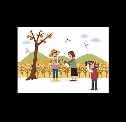 전신 구름 여자 남자 일러스트 하늘 산 프레임 감 성인 세명 농작물 카메라 텔레비전 벼 가을 시골 농부 방송 고추잠자리 리포터 인터뷰 프로그램 국내일러스트 AI파일 자연요소 직업 계절 농업 과일 곡류 사람 전자제품 잠자리 파일형식 벡터