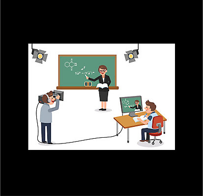 전신 학생 여자 교육 남자 인터넷 일러스트 프레임 성인 세명 카메라 텔레비전 칠판 강의 방송 영상 교육방송 온라인강의 프로그램 국내일러스트 AI파일 사람 전자제품 파일형식 벡터 언택트