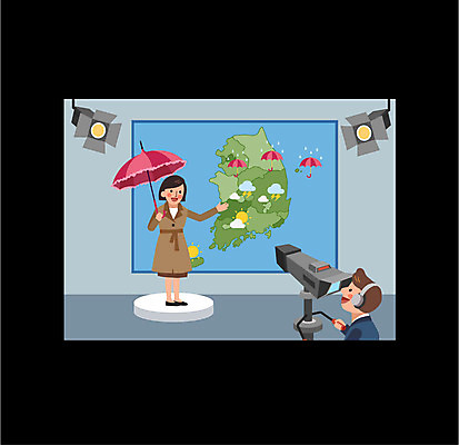 전신 여자 남자 일러스트 우산 날씨 조명 프레임 상반신 성인 두명 카메라 텔레비전 일기예보 마이크 방송 영상 기상캐스터 프로그램 국내일러스트 AI파일 직업 음향기기 사람 전자제품 파일형식 벡터