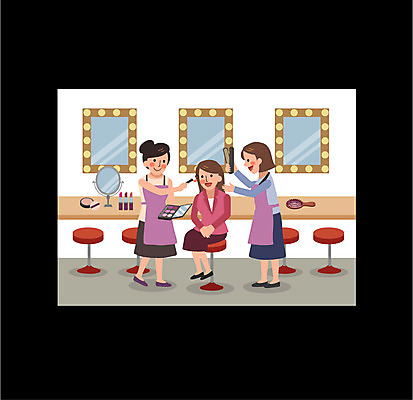 전신 여자 일러스트 프레임 성인 세명 뷰티 텔레비전 화장품 거울 배우 미용사 방송 머리손질 메이크업아티스트 분장실 프로그램 국내일러스트 AI파일 직업 사람 전자제품 연예인 파일형식 벡터