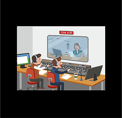 전신 여자 남자 일러스트 스튜디오 프레임 여러명 상반신 성인 컴퓨터 모니터 텔레비전 DJ 마이크 라디오 방송 프로그램 국내일러스트 AI파일 음향기기 다수 사람 전자제품 파일형식 벡터