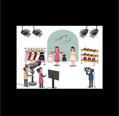 전신 옷 여자 남자 구두 신발 일러스트 조명 프레임 여러명 성인 카메라 텔레비전 방송 쇼호스트 프로그램 홈쇼핑 국내일러스트 AI파일 직업 다수 사람 전자제품 쇼핑 파일형식 벡터