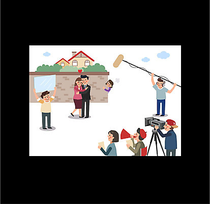 전신 여자 남자 일러스트 주택 프레임 여러명 상반신 성인 카메라 촬영 텔레비전 연기 배우 감독 마이크 방송 드라마 반사판 프로그램 국내일러스트 AI파일 직업 음향기기 다수 사람 건물 전자제품 연예인 파일형식 벡터