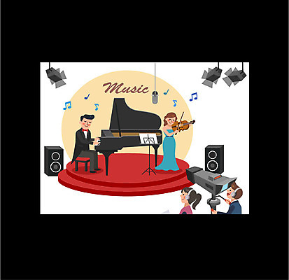 전신 여자 남자 악기 음악 연주 일러스트 조명 프레임 여러명 상반신 성인 카메라 텔레비전 스피커 교양 무대 건반 피아노 바이올린 마이크 방송 프로그램 국내일러스트 AI파일 음향기기 다수 현악기 문화예술 사람 전자제품 건반악기 파일형식 벡터