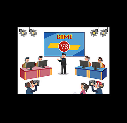 전신 여자 남자 일러스트 프레임 여러명 상반신 성인 컴퓨터 카메라 텔레비전 경쟁 게임 사회자 마이크 방송 영상 중계 프로게이머 프로그램 국내일러스트 AI파일 직업 음향기기 다수 컨셉 놀이 사람 전자제품 게이머 파일형식 벡터