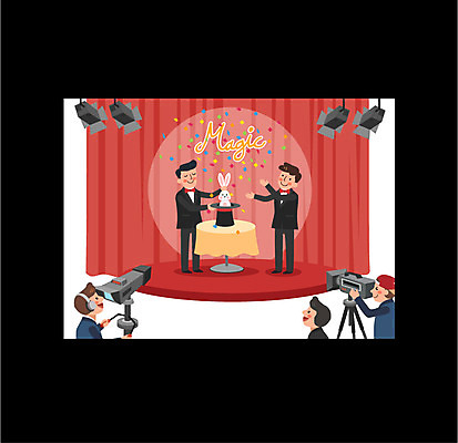 전신 모자 남자 일러스트 탁자 조명 프레임 여러명 상반신 성인 카메라 텔레비전 마술 무대 마술사 토끼 방송 프로그램 국내일러스트 AI파일 잡화 가구 다수 포유류 사람 전자제품 반려동물 파일형식 벡터