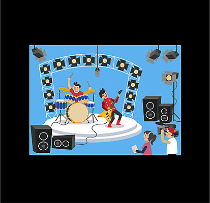 전신 여자 남자 연주 일러스트 노래 조명 프레임 여러명 상반신 성인 카메라 텔레비전 스피커 가수 무대 기타 마이크 드럼 방송 프로그램 국내일러스트 AI파일 음악 음향기기 다수 현악기 타악기 사람 전자제품 음악가 파일형식 벡터