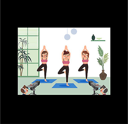 전신 식물 여자 남자 일러스트 요가 창문 조명 프레임 건강 여러명 상반신 성인 카메라 텔레비전 요가자세 매트 방송 프로그램 국내일러스트 AI파일 웰빙 포즈 다수 사람 전자제품 파일형식 벡터