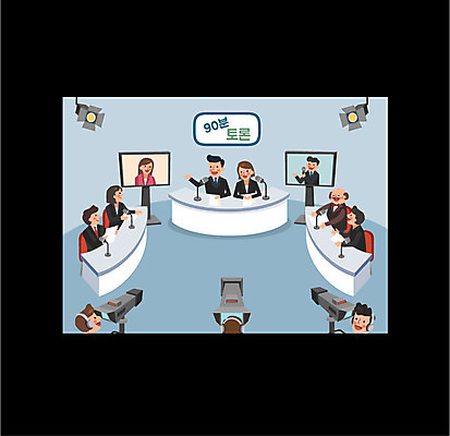 여자 남자 일러스트 프레임 여러명 상반신 성인 카메라 텔레비전 무대 토론 사회자 마이크 방송 영상 중계 프로그램 국내일러스트 AI파일 직업 음향기기 다수 사람 전자제품 파일형식 벡터