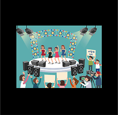 전신 여자 남자 음악 일러스트 노래 조명 프레임 여러명 상반신 성인 카메라 텔레비전 스피커 가수 무대 팬 마이크 방송 아이돌 프로그램 국내일러스트 AI파일 음향기기 다수 문화예술 사람 전자제품 음악가 연예인 파일형식 벡터