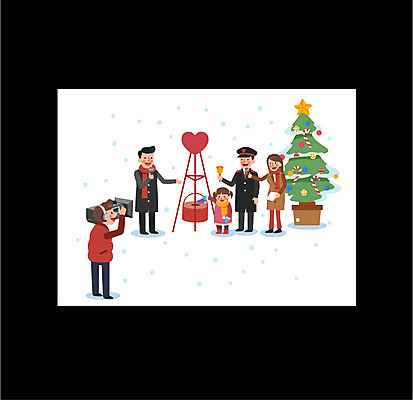 전신 여자 남자 어린이 크리스마스 겨울 일러스트 프레임 여러명 성인 크리스마스트리 카메라 텔레비전 마이크 방송 리포터 기부 구세군 구세군냄비 프로그램 국내일러스트 AI파일 직업 계절 기념일 음향기기 다수 사람 전자제품 파일형식 벡터