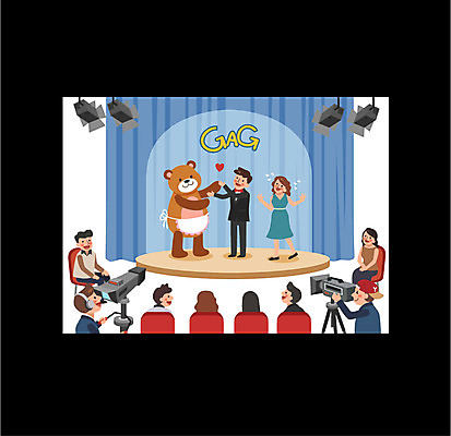 전신 여자 남자 일러스트 조명 프레임 여러명 상반신 성인 분장 카메라 텔레비전 무대 방송 곰돌이의상 방청객 코미디언 프로그램 국내일러스트 AI파일 직업 옷 다수 사람 전자제품 파일형식 벡터