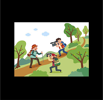 전신 나무 남자 여행 일러스트 자연 산 프레임 성인 세명 관광지 카메라 텔레비전 등산 방송 프로그램 국내일러스트 AI파일 식물 사람 전자제품 트래킹 생태계 파일형식 벡터