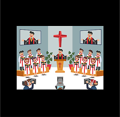 전신 여자 남자 종교 십자가 일러스트 프레임 여러명 상반신 성인 카메라 모니터 텔레비전 목사 방송 영상 중계 합창 설교 성가대 프로그램 국내일러스트 AI파일 기독교 다수 노래 사람 전자제품 컴퓨터 성직자 파일형식 벡터