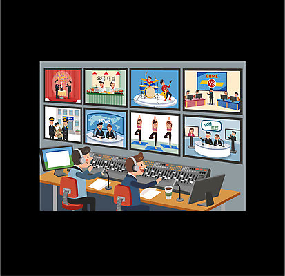 전신 여자 남자 일러스트 스튜디오 프레임 여러명 상반신 성인 컴퓨터 텔레비전 방송 영상 방송국 프로그램 국내일러스트 AI파일 다수 사람 전자제품 파일형식 벡터