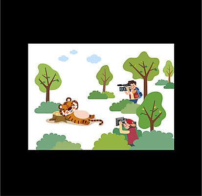 나무 동물 한마리 여자 남자 일러스트 프레임 상반신 성인 두명 카메라 텔레비전 호랑이 숲속 카메라맨 방송 나무밑둥 프로그램 국내일러스트 AI파일 식물 1 포유류 사람 전자제품 숲 사진사 파일형식 벡터