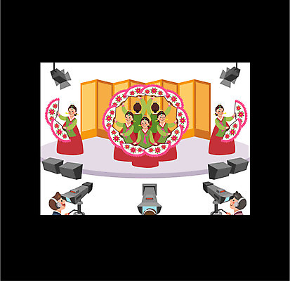 여자 남자 일러스트 조명 프레임 여러명 상반신 성인 카메라 텔레비전 무대 전통무용 방송 병풍 사무용가구 부채춤 프로그램 국내일러스트 AI파일 전통 가구 다수 사람 전자제품 춤 전통공연 파일형식 벡터