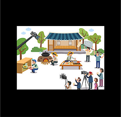 전신 나무 여자 남자 일러스트 프레임 기와집 요리 여러명 상반신 성인 카메라 텔레비전 시골 체험 아궁이 마이크 방송 닭집 반사판 프로그램 국내일러스트 AI파일 식물 음향기기 다수 컨셉 한옥 사람 전자제품 파일형식 벡터