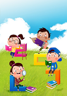 전신 PSD 구름 여자 교육 표지 남자 어린이 북커버 일러스트 사다리 하늘 돋보기 서기 앉기 초원 여러명 한글 책 독서 연필 언덕 교과서 학습지 국내일러스트 자연요소 문자 다수 모션 학용품 교재 사람 필기구 도구 파일형식