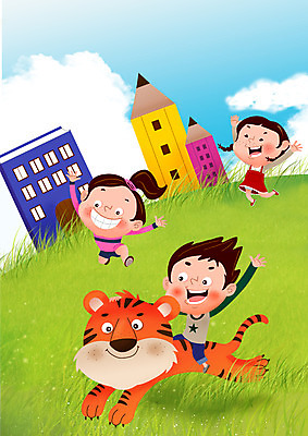 전신 PSD 구름 여자 교육 표지 남자 어린이 북커버 일러스트 하늘 초원 책 세명 연필 호랑이 언덕 즐거움 교과서 학습지 국내일러스트 자연요소 감정 포유류 학용품 교재 사람 필기구 파일형식