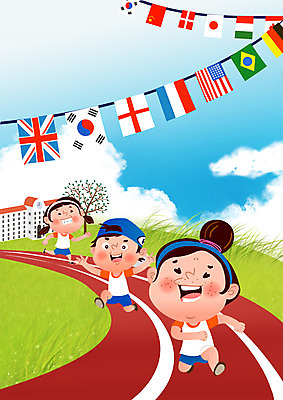 전신 PSD 구름 여자 교육 표지 남자 어린이 북커버 일러스트 학교 하늘 세명 달리기 운동장 교과서 트랙 체육대회 학습지 만국기 국내일러스트 자연요소 스포츠시설 모션 교재 사람 공간 국기 체육 대회 파일형식