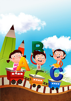 전신 PSD 구름 알파벳 영어 여자 교육 표지 남자 어린이 북커버 일러스트 하늘 세명 연필 기차 교과서 학습지 국내일러스트 자연요소 문자 육상교통 학용품 교재 대중교통 사람 필기구 파일형식