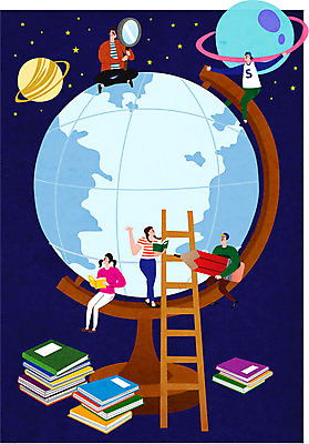 전신 여자 교육 표지 남자 별 과학 북커버 일러스트 사다리 청소년 돋보기 여러명 10대 책 연필 지구본 행성 교과서 학습지 국내일러스트 AI파일 자연요소 다수 학용품 교재 사람 필기구 우주 도구 파일형식 벡터