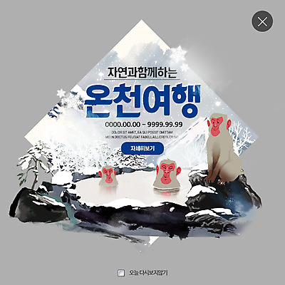 PSD 템플릿 여행 웹템플릿 팝업 웹팝업 세마리 사람없음 온천 원숭이 눈송이 레이어팝업 이미지템플릿 포유류 눈_날씨 3 스파 파일형식