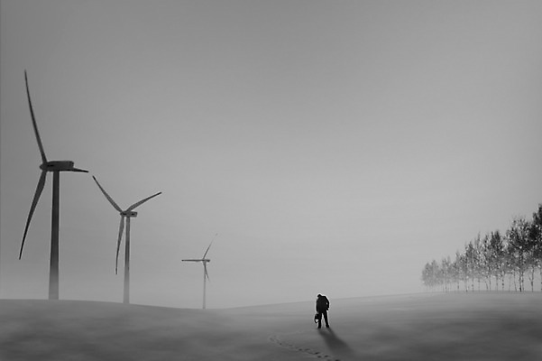 JPG 전신 나무 편집이미지 남자 흑백 한명 성인 야외 뒷모습 설원 어둠 고독 발자국 언덕 디지털합성 풍력발전소 디지털아트 성인남자한명만 편집실사 식물 1 감정 뷰포인트 자국 눈_날씨 촬영기법 사람 발전소 풍력에너지 CG 남자한명만 성인남자만 파일형식