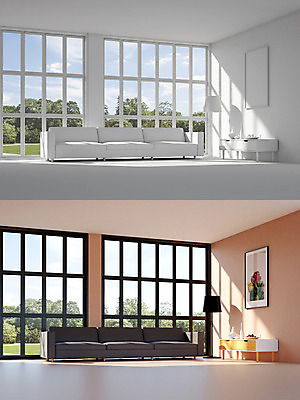 PSD 편집이미지 액자 거실 창문 탁자 유리병 사람없음 그래픽 인테리어 소파 3D 공간 스탠드 비교 디지털합성 디지털아트 편집3D 디자인 가구 컨셉 의자 병_용기 조명 파일형식