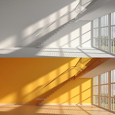 PSD 편집이미지 벽 거실 창문 벽지 사람없음 그래픽 인테리어 노란색 3D 계단 공간 비교 디지털합성 복층 디지털아트 비어있는 편집3D 디자인 컬러 컨셉 파일형식