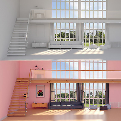 PSD 편집이미지 액자 쿠션 거실 창문 탁자 사람없음 그래픽 인테리어 소파 3D 계단 공간 스탠드 비교 디지털합성 복층 라디에이터 디지털아트 편집3D 디자인 가구 컨셉 의자 조명 파일형식