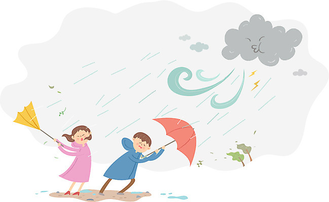 전신 여자 남자 일러스트 우산 바람 날씨 성인 두명 비 우비 비구름 태풍 국내일러스트 AI파일 자연요소 옷 사람 자연재해 먹구름 파일형식 벡터 구름_자연