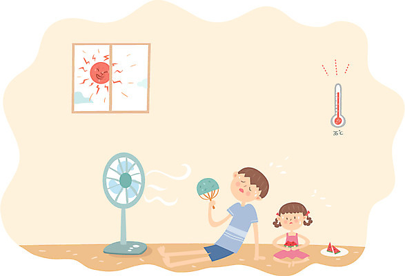 전신 여자 남자 어린이 일러스트 창문 날씨 여름음식 수박 실내 앉기 성인 두명 여름 부채 선풍기 더위 온도계 체온계 제철음식 제철과일 국내일러스트 AI파일 계절 음식 과일 모션 사람 내부 가전제품 제철 파일형식 벡터 여름_계절