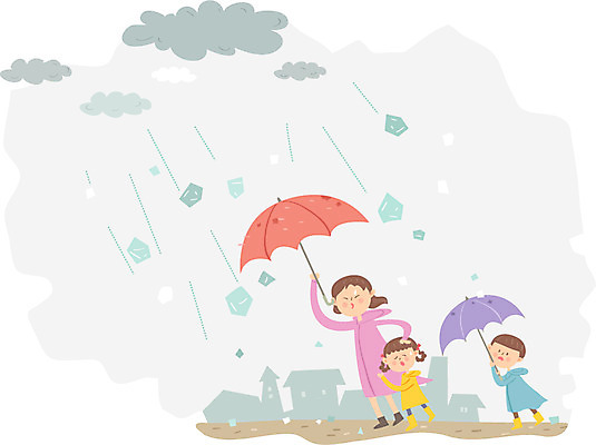 전신 여자 남자 어린이 일러스트 우산 날씨 성인 세명 먹구름 우비 우박 국내일러스트 AI파일 옷 사람 파일형식 벡터 구름_자연