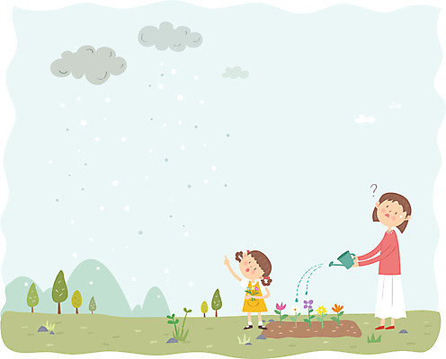 전신 식물 여자 꽃 어린이 일러스트 날씨 성인 야외 두명 봄 물뿌리개 눈 국내일러스트 AI파일 자연요소 계절 사람 파일형식 벡터