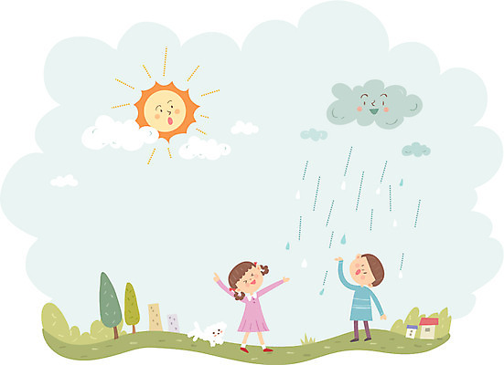 전신 여자 남자 어린이 일러스트 날씨 야외 두명 태양 맑음 놀람 비 강아지 비구름 국내일러스트 AI파일 자연요소 감정 표정 사람 반려동물 개 먹구름 파일형식 벡터 구름_자연
